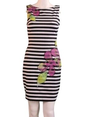 Caché Horizontal Striped Bodycon Dress With Floral Splash